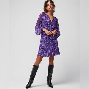 WHBM Smocked Waist Blouson Dress Speckled Dot Violet S NWT